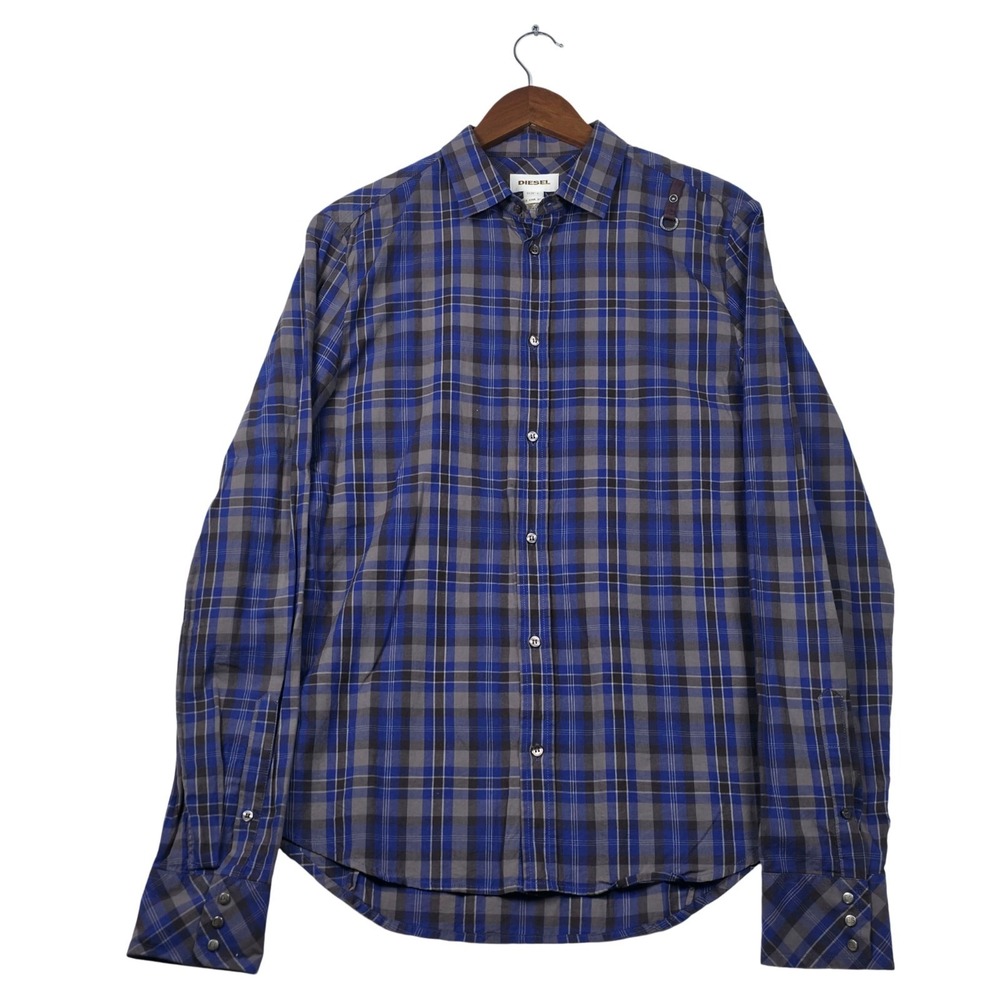 Diesel Slim Fit Plaid Shirt Mens L Blue Grey D-Ring Industrial Cotton Turkey L/S